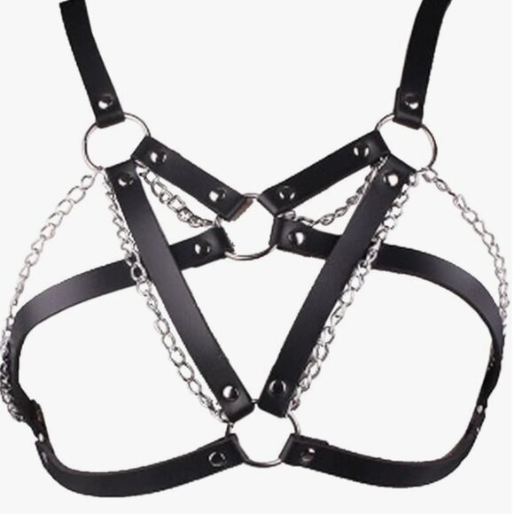 Leather Chest Harness Black Bra Caged Body Chain - Picture 4 of 6